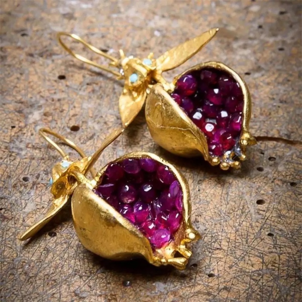 Jeweled Pomegranate Gold Dangle Unique Earrings - Picture 5 of 5